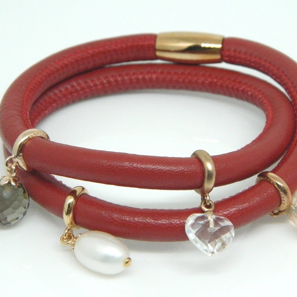ENDLESS Red Leather Double 4 Charm Bracelet 6.5"